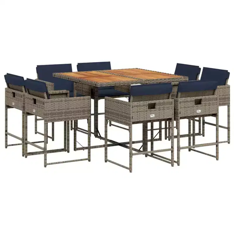vidaXL Patio Dining Set Set of 8 Gray PE Rattan 9 Piece Set Foldable