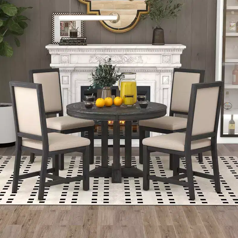 Whisen 5-Piece Farmhouse Dining Set Extendable Round Dining Table Set with 4 Upholstered Chairs