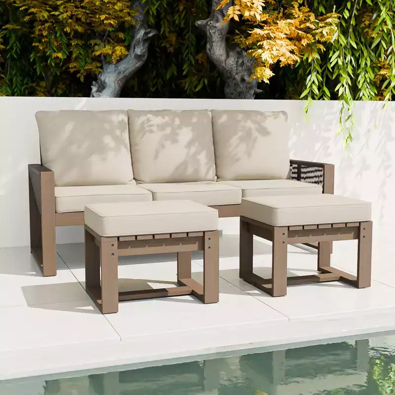 EAGLE PEAK 3 Pieces Natural Cedar Wood Outdoor Patio Furniture, Outdoor Conversation Set with Ottomans