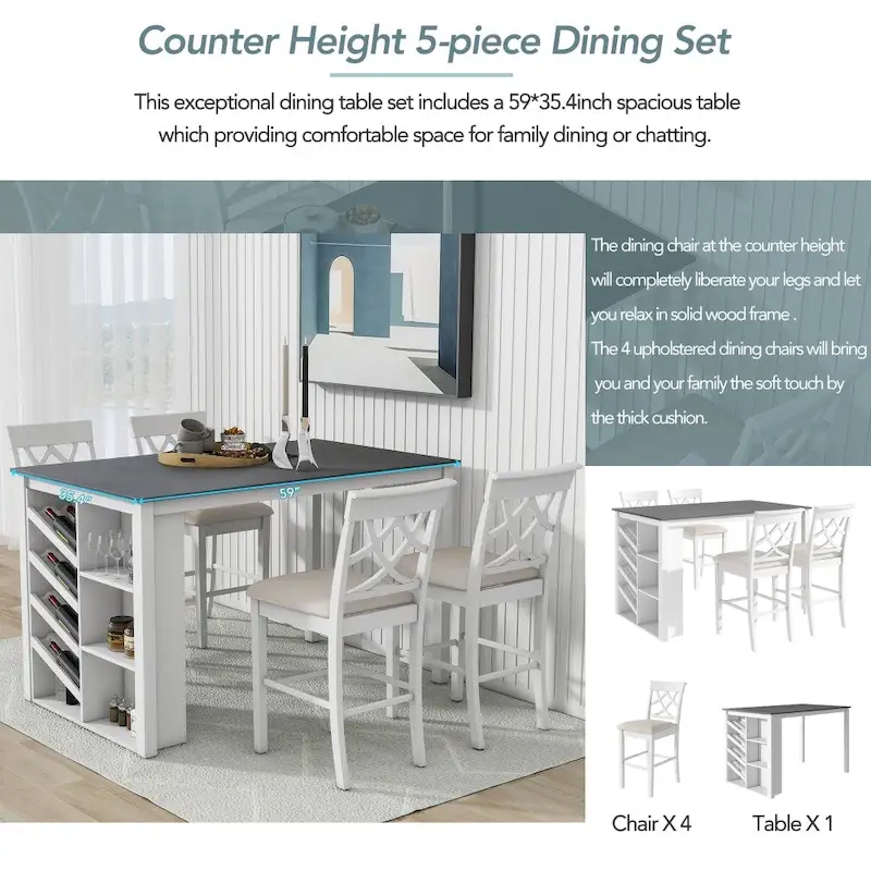 Counter Height 5-Piece Dining Set with Wine Rack, 4 Upholstered Chairs