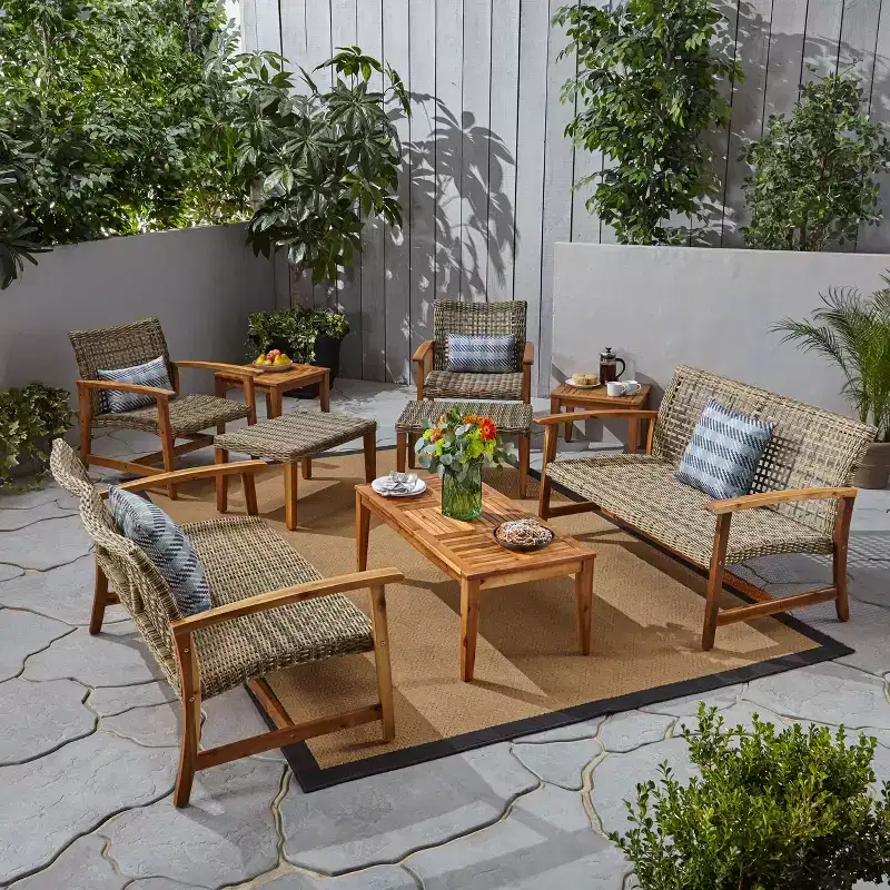 Christopher Knight Home Hampton Outdoor Acacia Wood and Wicker 6 Seater Chat Set with Ottomans
