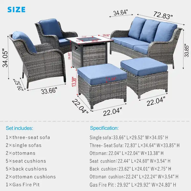 OVIOS Grey Wicker 6-piece Patio Furniture Set With 30 Fire Pit