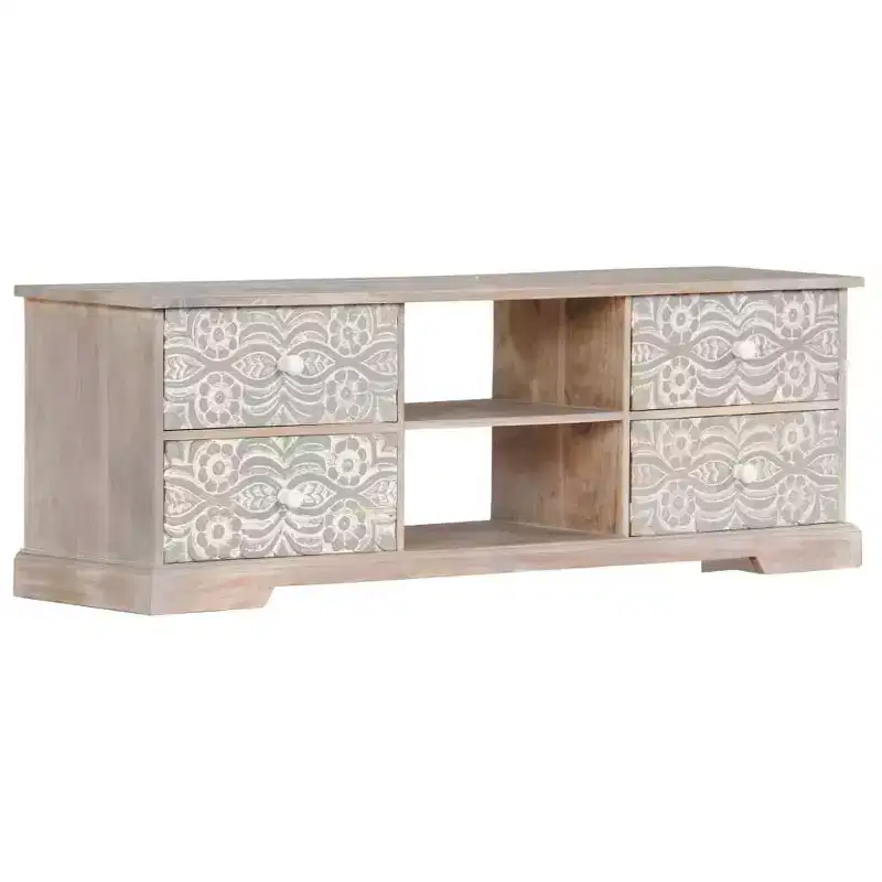 TV Stand White and Grey Solid Acacia Wood with Hand-Carved Patterns, 6 Storage Compartments
