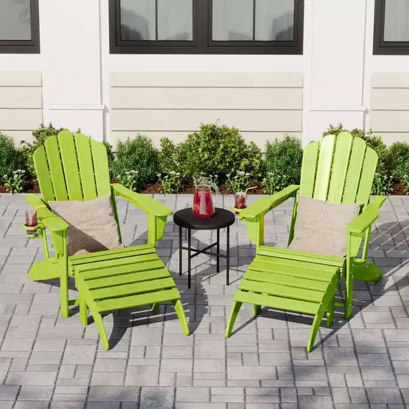 WestinTrends Highland 4-Piece Outdoor Patio HDPE Adirondack Chairs With Ottomans and Cup Holder Set, Lime