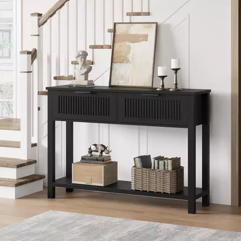 Narrow 43 Fluted Entryway Table w/ 2 Drawers, Farmhouse Wood Console Sofa Table w/ 2 Tier Bottom Storage Shelf for Foyer, Hallway & Living Room