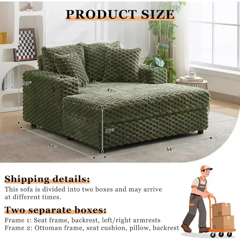 60 Inch Oversized Indoor Chaise Lounge, Upholstered Sleeper Sofa with Pillows & Armrests, Cozy Reading Chair for Living Room Bedroom, Green