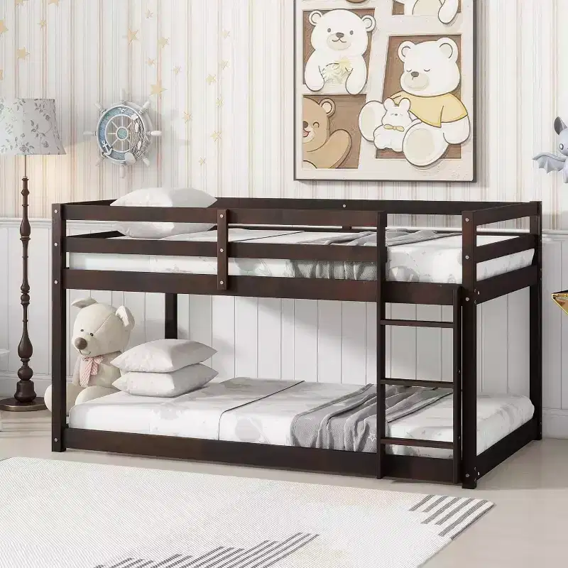 Zevemomo Wooden Bunk Bed Twin Over Twin, Solid Rubberwood Bed Frame with Built-in Ladder, for Small Spaces,Bedroom,Space Saving, No Box Spring Needed