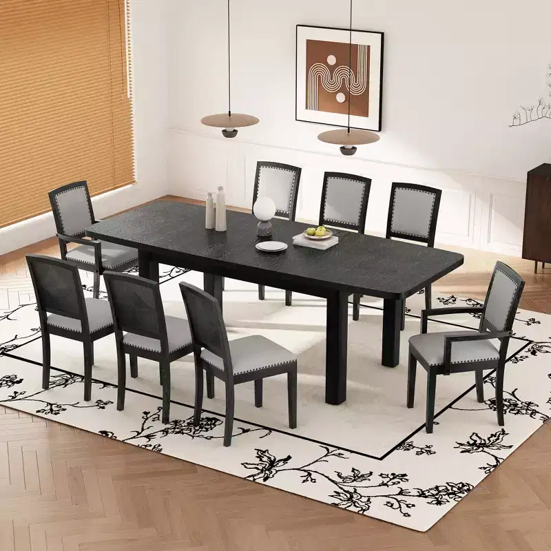 9 Pieces Extendable Dining Table Set for 6, Rectangular Kitchen Dining Table with Removable Leaf and 6 Armless Chairs and 2 Arm Chairs