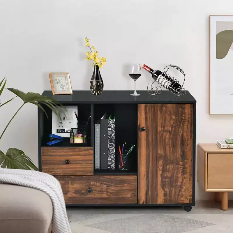 Brown & Black Rolling File Cabinet with 2 Drawers & Open Shelves, 1-Person Assembly