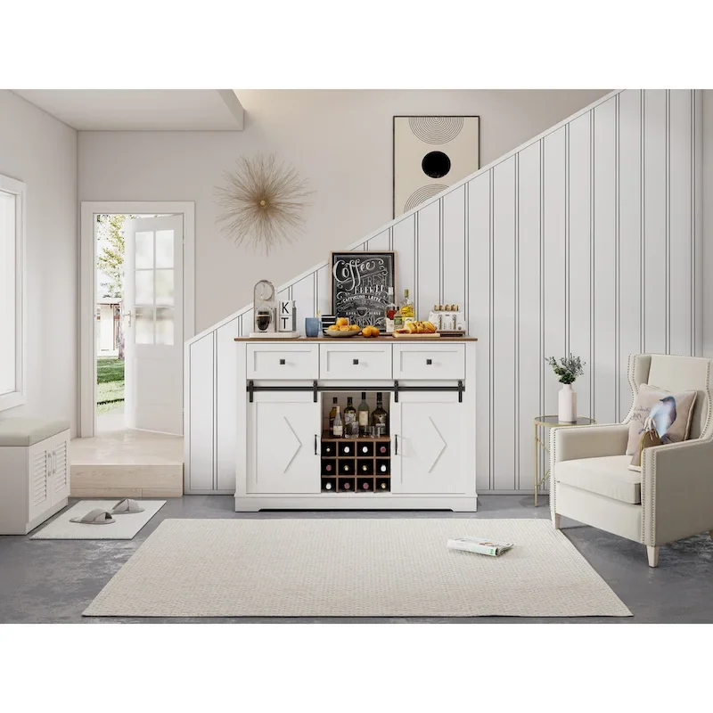 Buffet Cabinet with Sliding Barn Door, Coffee Bar Cabinet with Glass Rack, Bar Cabinet with Storage Shelves and Drawers