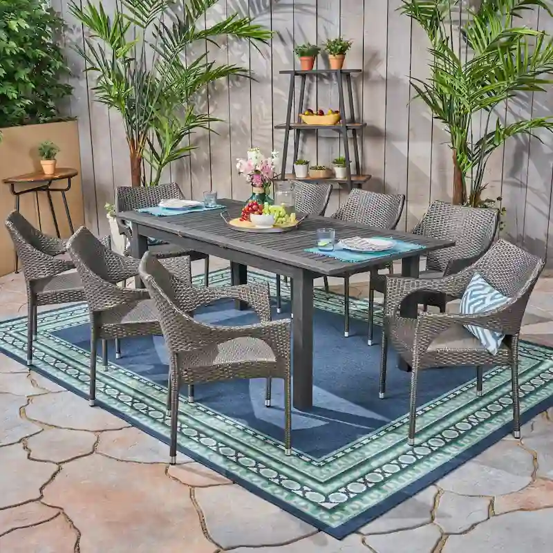 Damon Outdoor 9 Piece Wood and Wicker Expandable Dining Set by Christopher Knight Home