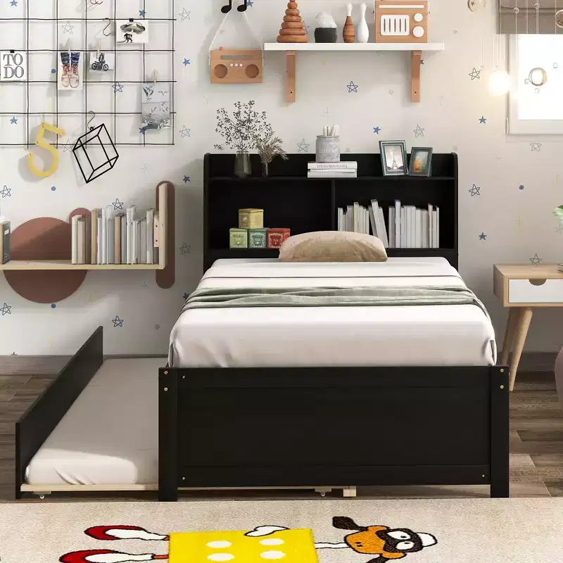MAYEERTY Twin Platform Bed with Storage Headboard Pull Out Trundle Sturdy Pine Wood Bed for Living Room Brown