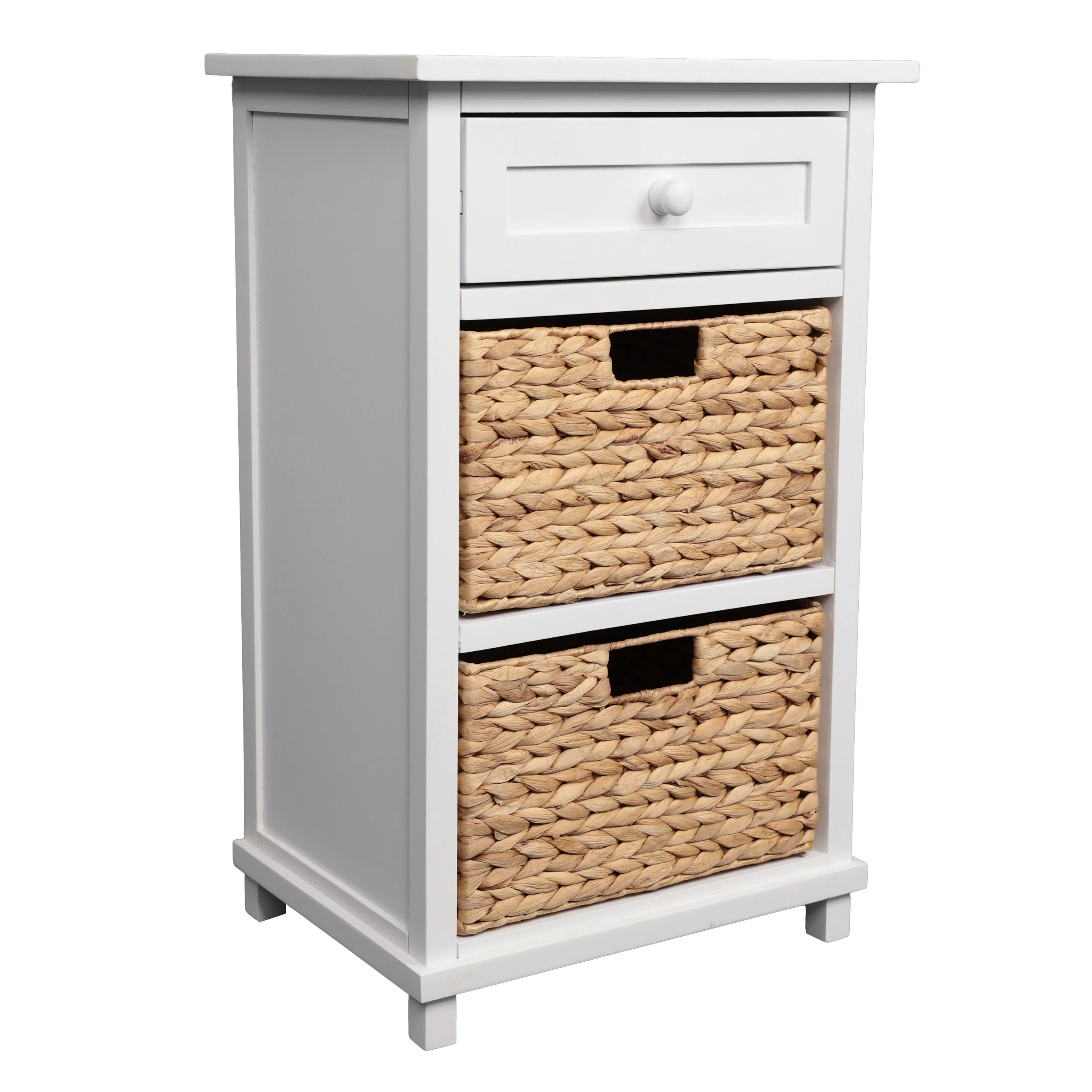 Rustic Handcrafted Water Hyacinth and Acacia Wood Accent Storage Nightstand with Drawer and 2 Woven Baskets