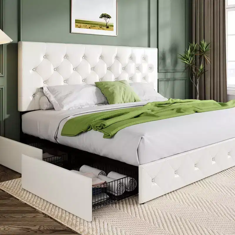 Allewie Upholstered Platform Bed Frame with 4 Storage Drawers, Diamond Stitched Headboard, Wooden Slats, No Box Spring Needed