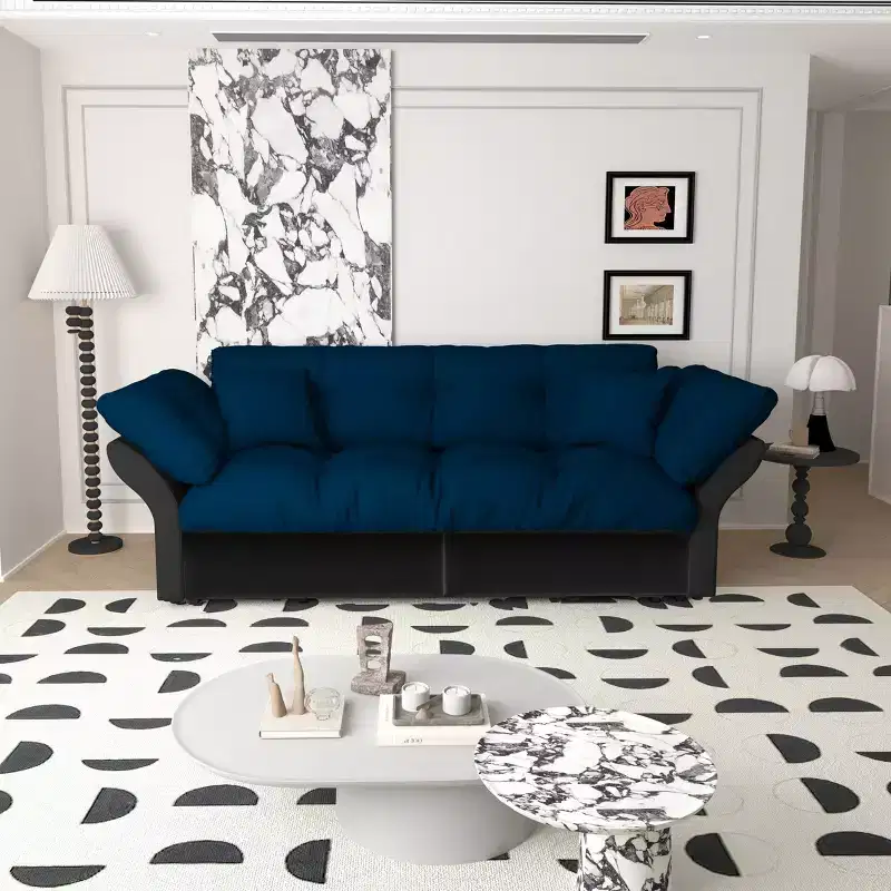 MAYEERTY 74.8 Queen Pull Out Sofa Bed, 3-in-1 Convertible Sleeper Tufted Sofa with 2 Soft Pillows Multifunctional Velvet Loveseat Bed Blue