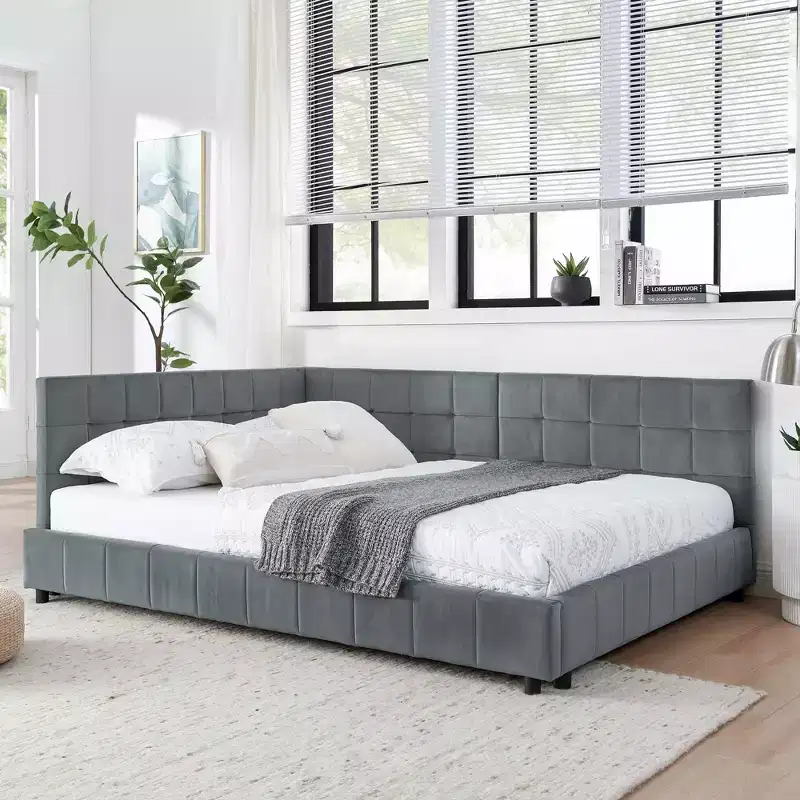 MAYEERTY Full Size Upholstered Tufted Bed Frame with Comfirtable Backrest and Armrests for Bedroom Living Room Gray