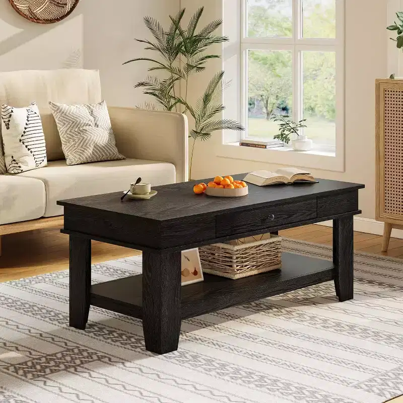 Long Rectangular Coffee Table with Storage Drawer, Rusty Farmhouse Style, Open Shelf, Black Finish
