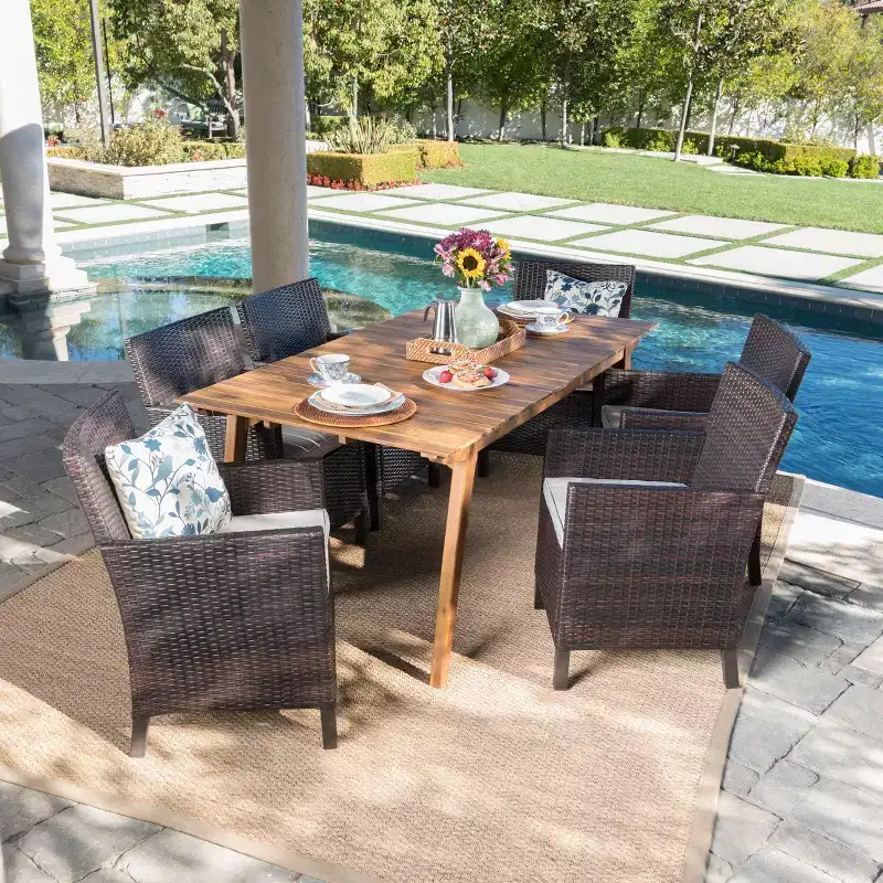 Christopher Knight Home Otto Outdoor Wicker and Acacia Wood 7 Piece Dining Set with Cushion