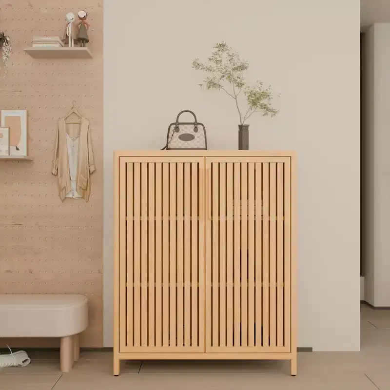 Bamboo Shoe Cabinet, Narrow Shoe Rack with 2 Doors and 3 Shelves, Shoe Storage for Entryway, Foyer, Hallway, Bedroom