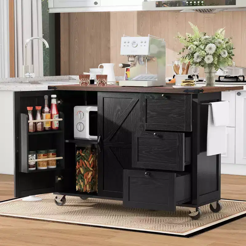 Kitchen Island, 54.5 Rolling Trolley Cart, Storage Island with Drop Leaf Worktop, Spice Rack, 3 Drawer and 2 Doors, Rolling Cart on Wheels