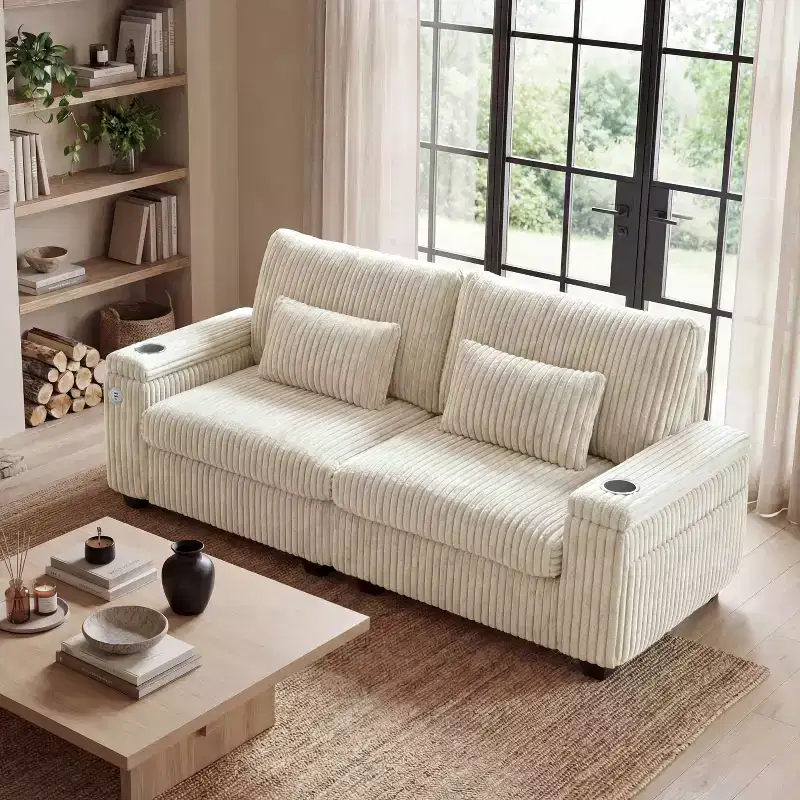 Dyonery 91 Modern Loveseat Sofa with Storage Armrests for Living Room, Corduroy 2 Seater Sofa with Side Pockets/USB Charging & Cup Holders Deep Seat