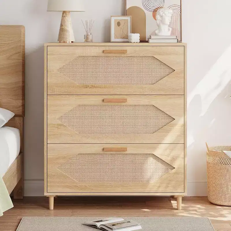 Rattan 3-Drawer Dresser - Modern Wood Storage Cabinet for Bedroom & Living Room