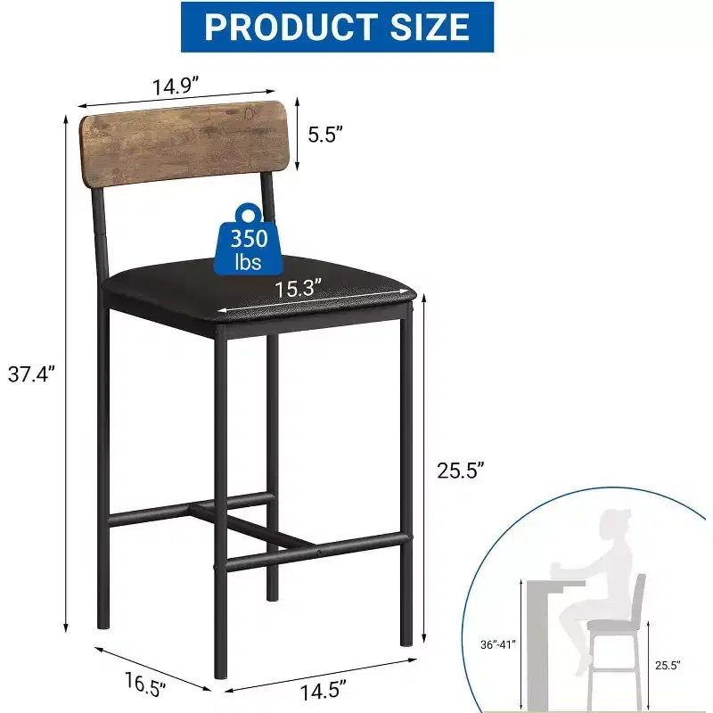 Bar Stools Set of 4, Kitchen Bar Stools with Footrest,Upholstered Counter Height Barstools, Bar Chairs with Back for Kitchen Island, Apartment