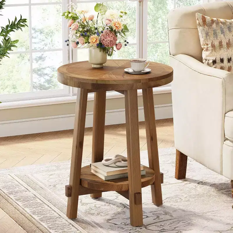 Lantine Solid Wood Side Table for Living Room, FarmhouseSmall Round End Table with 2-Tier Storage for Small Spaces, Bedroom, Brown