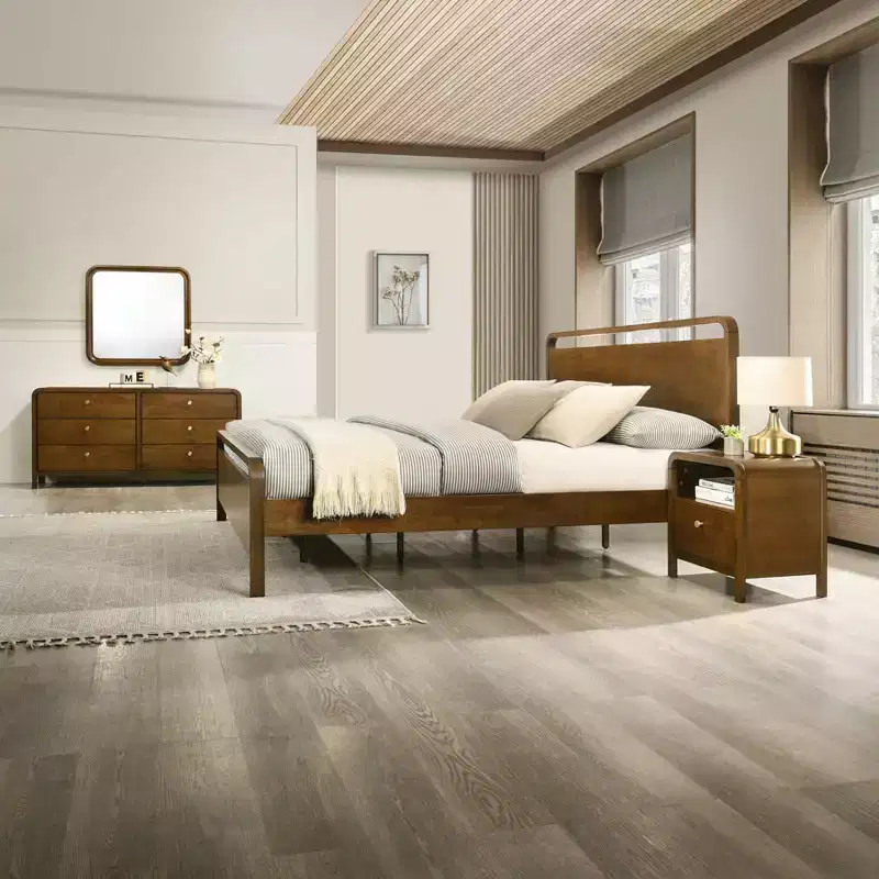 Roundhill Furniture Eldren Wood Bedroom Set, Platform Bed with Dresser, Mirror, and Two Nightstands in Walnut Finish