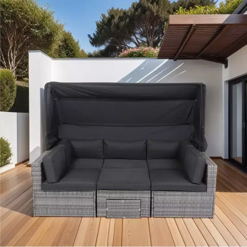 GDFStudio Solio Modern 7 Piece Iron and PE Rattan Patio Sectional Sofa with Retractable Canopy and Washable Cushions