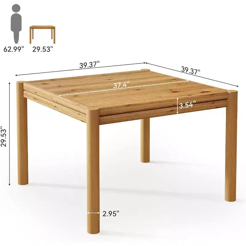 39.4-Inch Square Solid Wood Dining Table for 4, Farmhouse Kitchen Table for Dining Room, Kitchen, Living Room, Easy Assembly