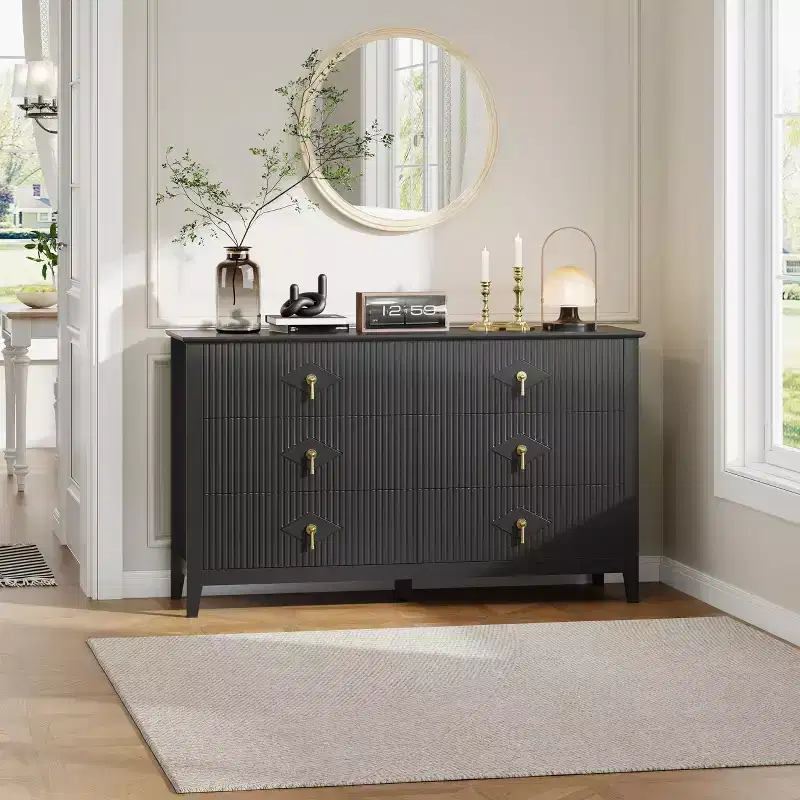 6 Drawer Dresser for Bedroom, 54W Wooden Chest of Drawers with Metal Handles, Fluted Clothes Storage Organizer, Dresser TV Stand for Hallway