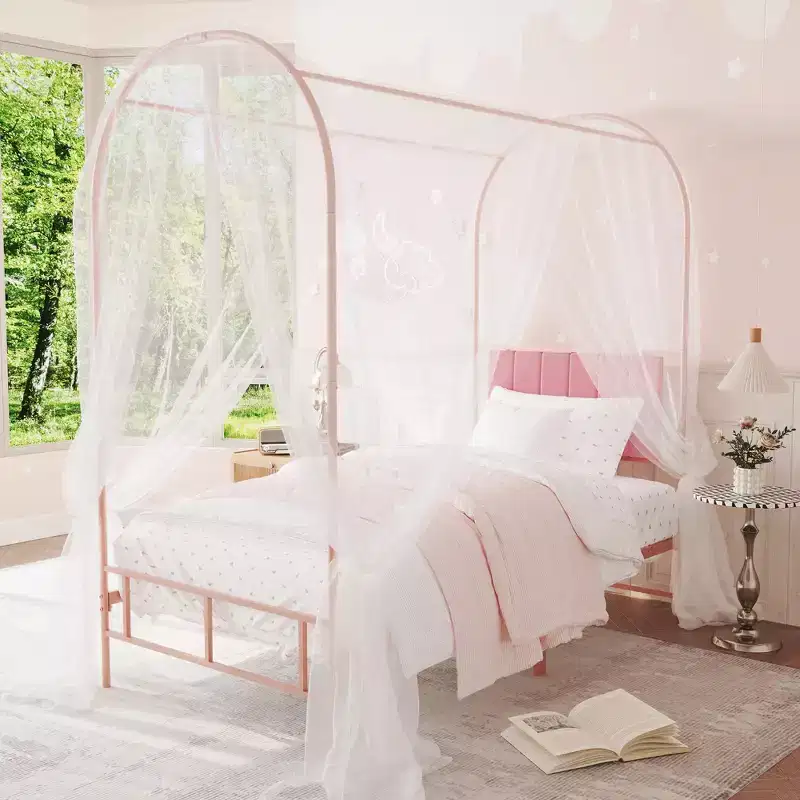 Canopy Bed Frame with Upholstered Headboard, Decorative Arch Top Platform Bed, Underbed Storage Space,No Box Spring Needed