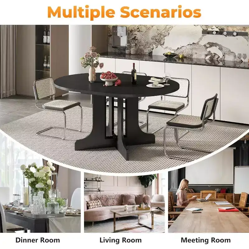 Zevemomo 43-59 Expandable Dining Table, for 4-6, with Removable Leaf, Trestle X-Shaped Base & Metal Track for Dining Room, Living Room-Black