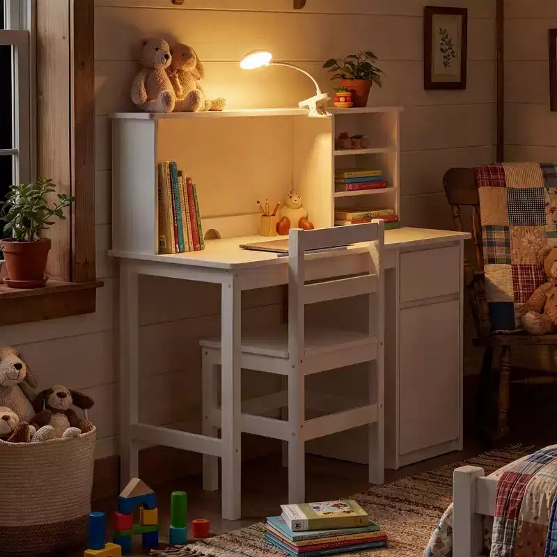 Famapy Solid Wood Kids' Desk & Chair Set: Adjustable Tilt Tabletop + Built-In Hutch + Clip-On Lamp  Ergonomic Study Station for Children