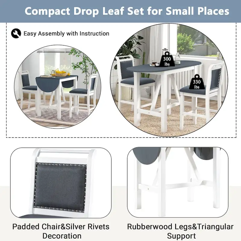 White 3-Piece Wooden Counter Height Dining Table Set with Drop Leaf Table & 2 Chairs