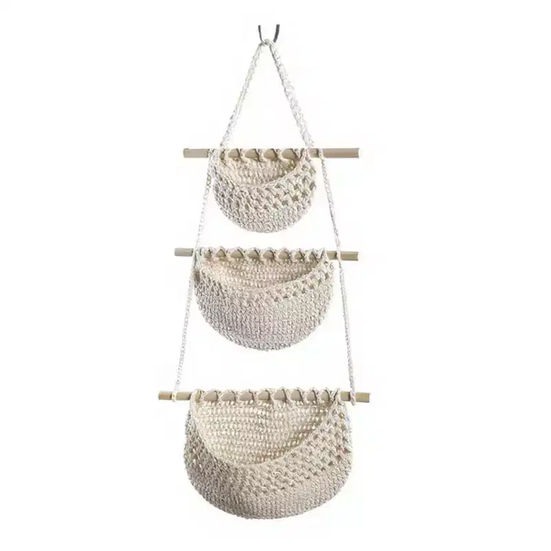 3-Tier Woven Hanging Storage Baskets with Wooden Rods and Rope Hanger - Beige