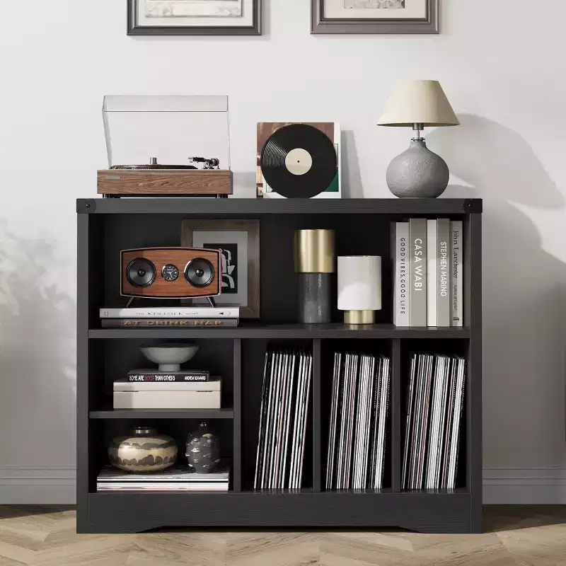 Record Player Stand with 6 Vinyl Storage Compartments, Modern Turntable Table, Wooden Media Organizer for Living Room, Black