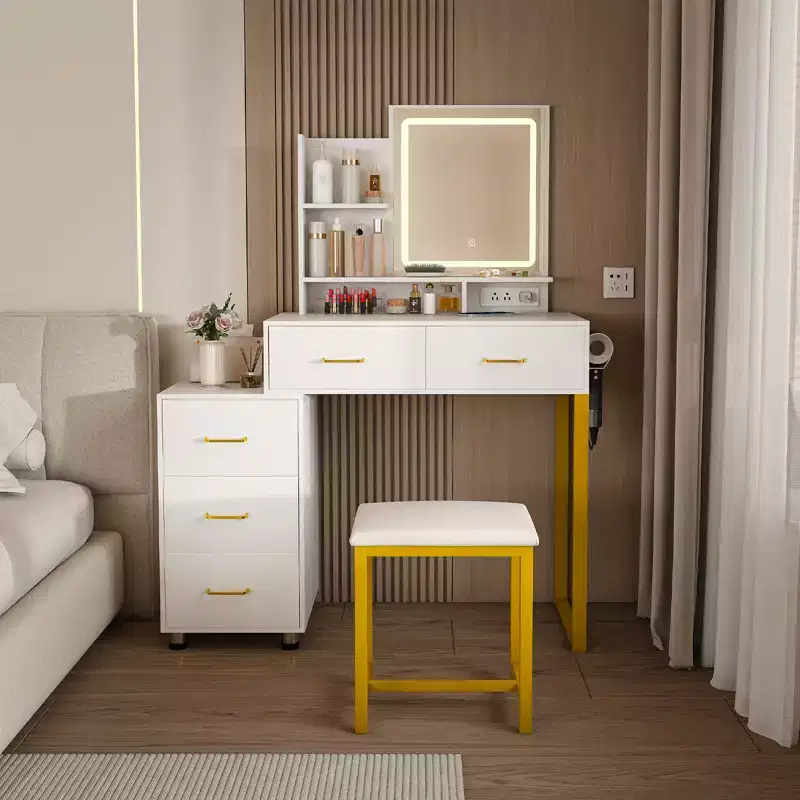 Vanity Desk with LED Lights, Power Outlet & 5 Drawers, Metal Legs, White