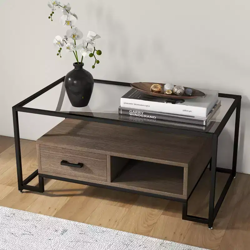 Coffee Table Tempered Glass, Center Table with 2 Drawers and Storage Shelf, Vintage Glass Top Accent Table for Home Living Room, Apartment, Office