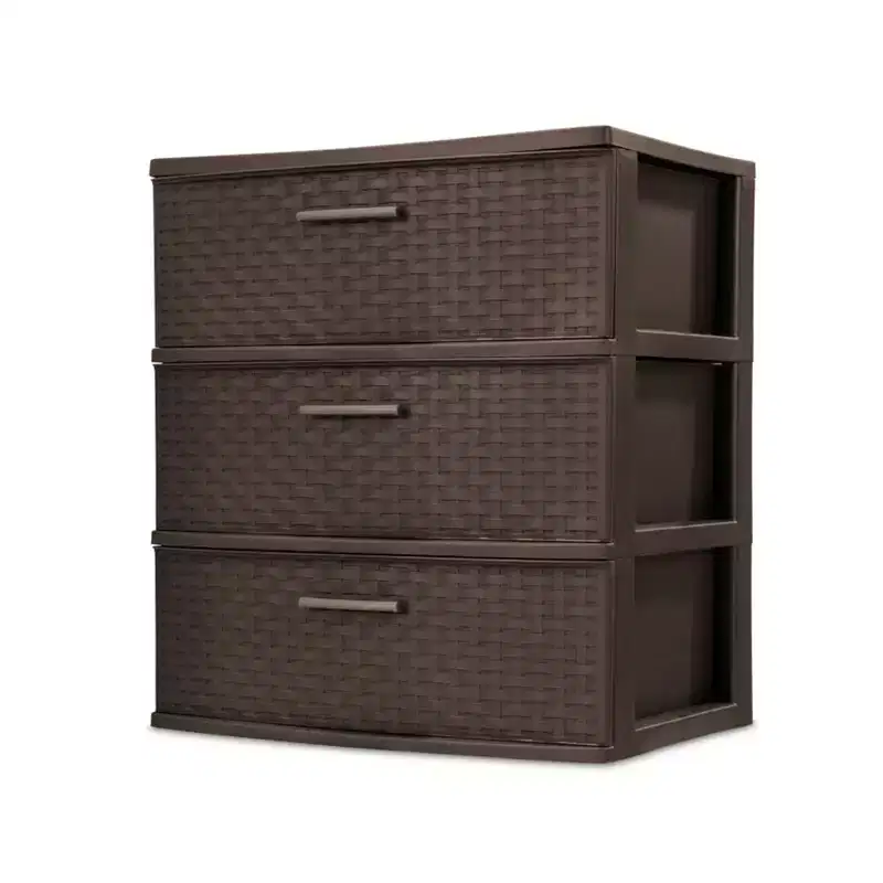 Sterilite 3 Drawer Wide Weave Storage Tower, Plastic Drawers to Organize Clothes in Bedroom, Closet, 2-Pack, Brown