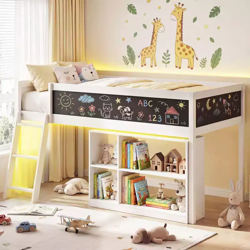 Costway Kids Loft Bed w/LED Lights Chalkboard & Removable Bookcase Safety Guardrail