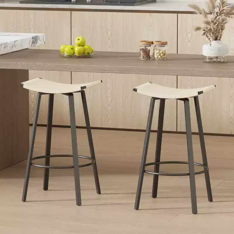 MAYEERTY Set of 2 Backless Counter Height Bar Stools PVC Woven Round Footrest Indoor Outdoor Use Black Creamy White