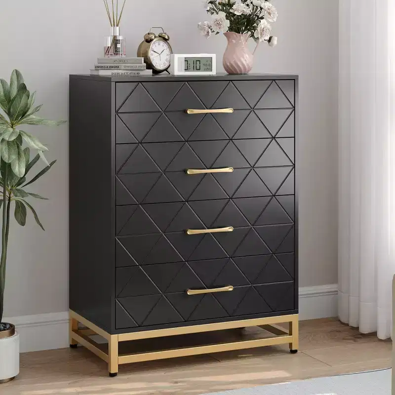 Dresser for Bedroom with 4 Drawer, Modern Dressers Chest of Drawers, with Wide Drawers and Metal Handles, Wood Dressers, Black