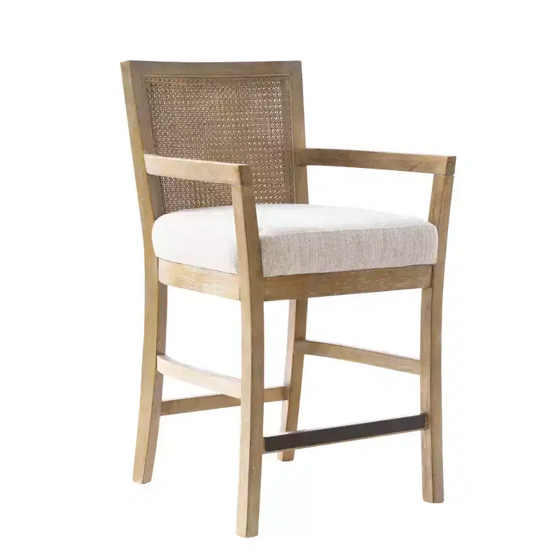 Cane Back Counter Height Barstool – Cream Seat, Reclaimed Wood Frame