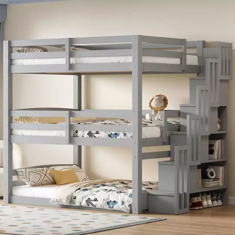 Whisen Twin Size Triple Bunk Bed with Storage Staircase, Separate Design