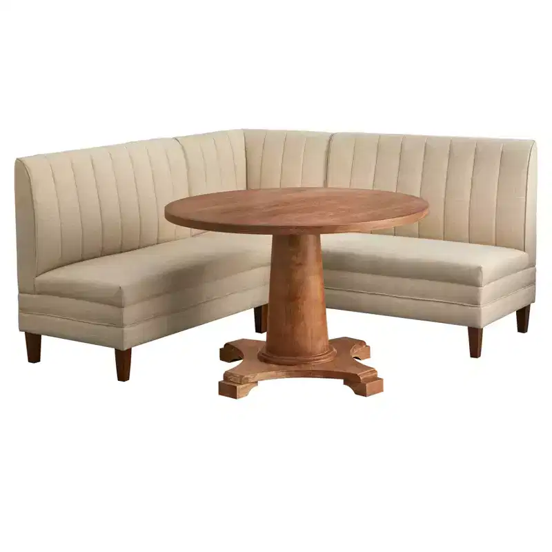 Lifestorey 4pc Kerrington Channel Back Banquette Dining Set Walnut/Cream: Linen-Look Fabric, Pedestal Table