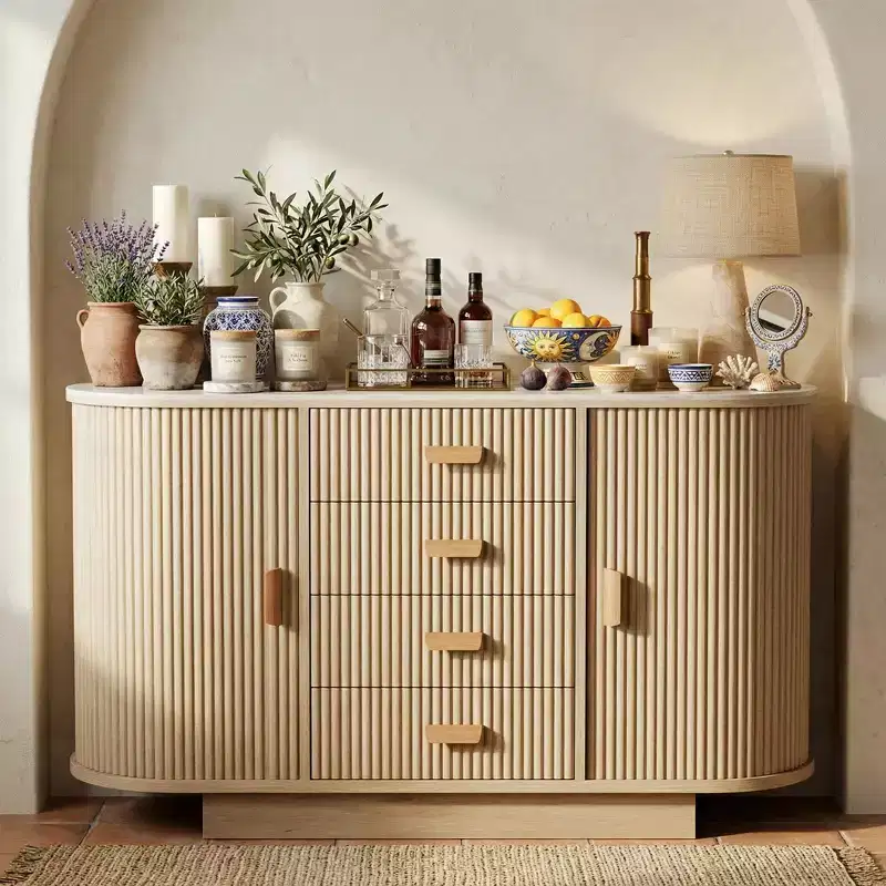 47 Sideboard Buffet Cabinet with Storage, Fluted Coffee Bar Cabinet with 4 Drawers and 2 Arched Sliding Doors, Modern Wood Storage Buffet Table