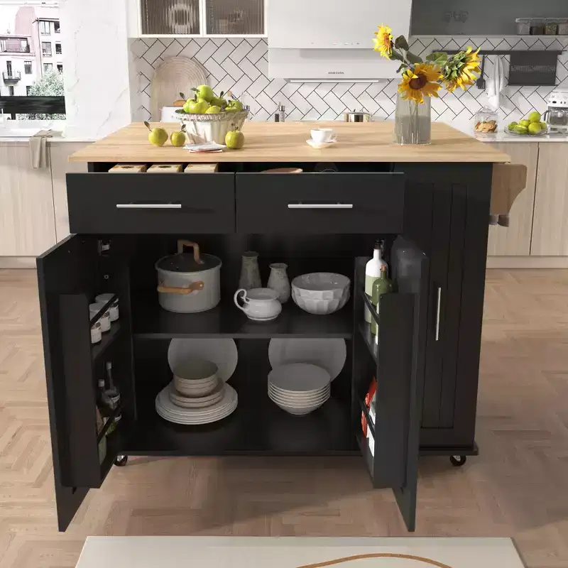 Kitchen Island With Drop Leaf 3 Tier Pull Out Cabinet Organizer Rolling Kitchen Cart on Wheels with Towel Rack 2 Drawers Black