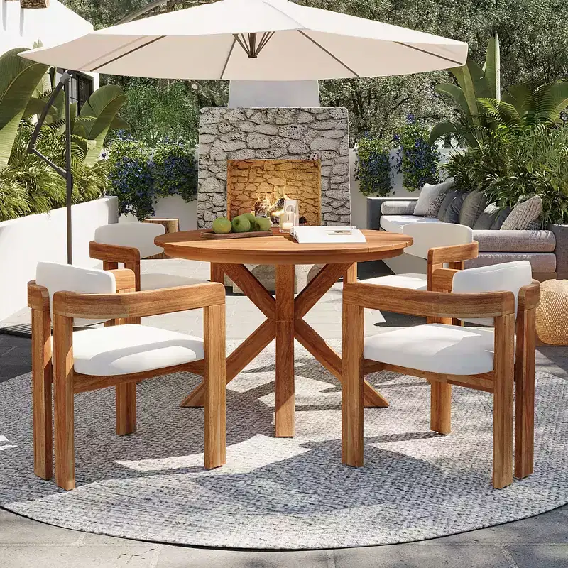 ModernLuxe 5pcs Outdoor Acacia Wood Round Dining Table Set, 47 Patio Table with 4 Cushioned Barrel Chairs for Garden/Patio/Backyard